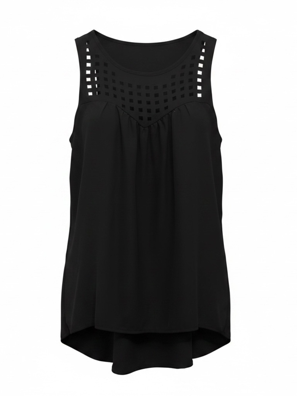 happening in the present Black Sleeveless Laser-Cut Yoke Tank Top